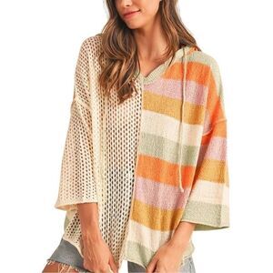 Y2k Multicolor V-Neck Color Block Open Knit Hoodie L Sweater Lightweight